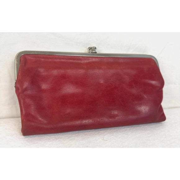 Hobo Lauren Polished Red Leather Folding Kiss Lock Clutch Wallet Purse - Picture 1 of 6
